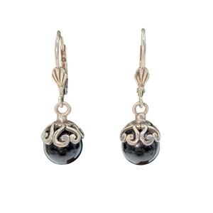 Silver Tone Black Stone or Glass Bead Filigree Lever Back Dangle Earrings